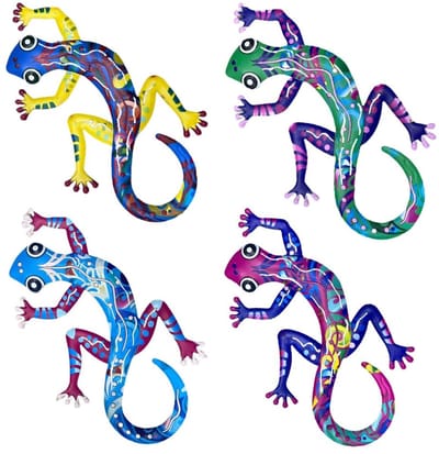 Dailygoods- Wanddecoratie - Set van 4 Gekko's - Duurzaam Metaal - Tuinornamenten - Wanddecoratie Buiten - Muurkunst 30 cm x 16,5 cm