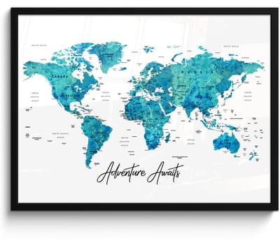 Poster in lijst - Fotolijst 80x60 cm - Posters - Wereldkaart - Blauw - Kleurrijk - Posterlijst zwart - Decoratie - Wanddecoratie woonkamer - Muurdecoratie slaapkamer