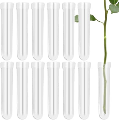 Set van 12 Transparante Bloemen Water Tubes, Plastic Testbuizen met Deksel voor Orchideeën en Bloemstukken in Cafés en Kantoren