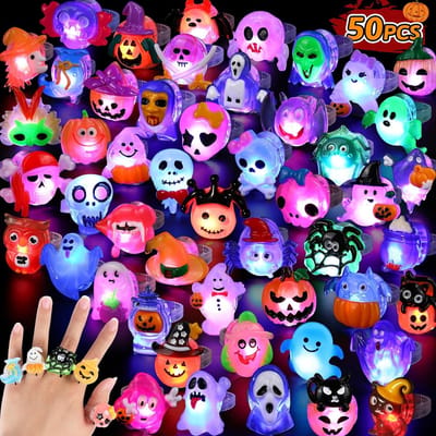 50 stuks 3D-oplichtende Halloween-ringen - LED-knipperend speelgoed in bulk voor kinderen, lichtgevende feestartikelen, niet-snoepachtige lekkernijen, goodiebagvullingen en feestversieringen