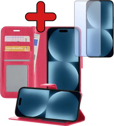Hoesje - Met Screenprotector - Geschikt voor Apple iPhone 15 - Luxe Pasjeshouder - Flipcase - Bookcase Portemonee - Flip Case - Kunstleer Book Case - Book Cover - Walletcase - Portemonneehoes - Telefoonhoes - Donkerroze