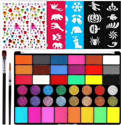Waterbasis Verven voor Gezicht, 42 Kleuren, Niet-Toxisch, Inclusief Stencils, Kwasten en Versieringen voor Halloween, Kerst, Cosplay en Carnaval