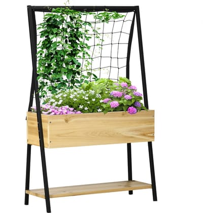 Plantenbak met klimrek - Bloembak - Weerbestendig - Met trellis - Buiten - Polypropyleen- Plantenrek - Rechthoekig - Zwart, naturel