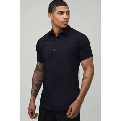 Stretch Fit Korte Mouw Overhemd | Black | Size XS