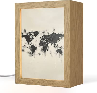 Tafellamp 15x20 cm - LED lamp - Wereldkaart - Zwart - Inkt - Decoratieve tafellampen - Dimbaar - Tafellampje slaapkamer - Woonkamer binnen