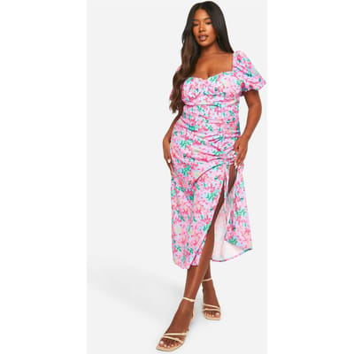 boohoo Dames Plus Geweven Ditsy Bloemen Geraffelde Midaxi-Jurk | Pink | Maat: 26