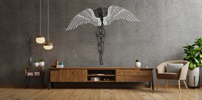 Metalen Wanddecoratie Engel – 3D Wandkunst – Zwart met Witte Vleugels – 101 x 133 cm