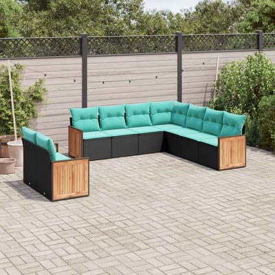 vidaXL - 9-delige - tuinbankset - met - kussens - van - zwart - polyrotan