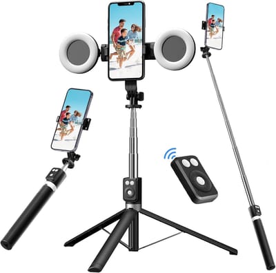 Statief telefoon-Smartphone-statief met invullicht-Duurzaam roestvrijstalen ontwerp - Bluetooth-afstandsbediening-tripod smartphone-Een stabiel statief voor smartphones-Met twee invullichten