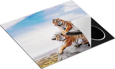 Chefcare Inductie Beschermer Twee Tijgers op Rotsen met het Blauwe Lucht - 60x50 cm - Afdekplaat Inductie - Kookplaat Beschermer - Inductie Mat