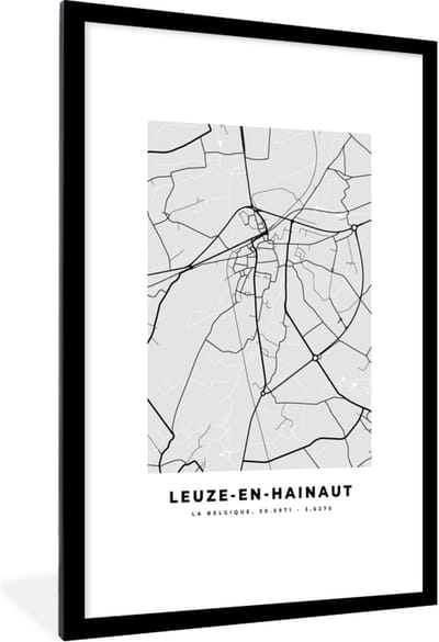 Fotolijst incl. Poster Zwart Wit- Plattegrond – Leuze en Hainaut – Zwart Wit – Stadskaart - Kaart - 80x120 cm - Posterlijst