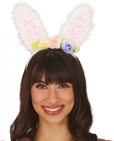 Fiestas Verkleed diadeem paashaas/bunny oren - wit bloemen- meisjes/dames - Carnaval