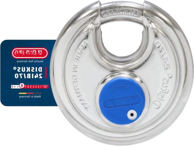 Diskus Hangslot 24IB 70 Van Roestvrij Staal met 360° Bescherming Rondom Voor Beveiliging Bij Sterke Weersinvloeden Veiligheidsniveau 8 Zilver Blauw