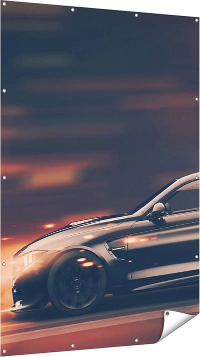 Gards Tuinposter Zwarte Sportwagen Auto met Vlammen - 120x180 cm - Tuindoek - Tuindecoratie - Wanddecoratie buiten - Tuinschilderij