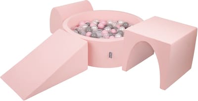 KiddyMoon schuimspeelplaats met rond ballenbad (200 ballen) ballenbakken voor baby's speelbad hindernisbanen, made in the eu, roze:pearl/grijs/transparant/powderroze