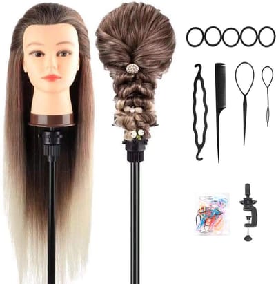 Oefenhoofd, Zacht Professioneel 26-28Inch Kappershoofd 100% Synthetische Haar Ombre Traininghoofd Kapperspop Oefenpop met Steun+ Styling Accessoires (Ombre Black)