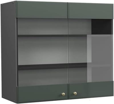 Moderne Hangglaskast Keuken 80 cm Groen Antraciet met Gouden Handgrepen