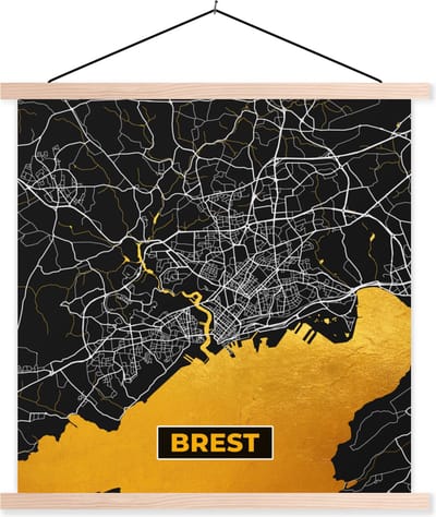 Posterhanger incl. Poster 40x40 cm - Schoolplaat - Frankrijk – Brest – Stadskaart – Plattegrond – Kaart - Textielposter - Blanke latten - Stadskaart