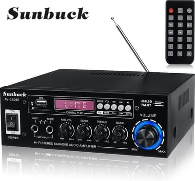 HiFi Versterker - Amplifier - SD/MP3/USB - Hifi Bluetooth Eindversterker - 2x Mic - AUX1 en AUX2 - CD/DVD - Speaker system - Incl. Afstandsbediening - 200 x 70 x 190mm - Zwart