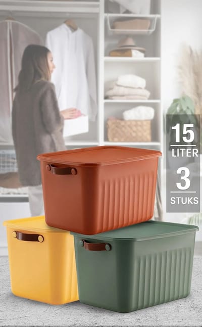 Tobeyz - Opbergbox - Opbergdoos - Opbergmand - 15L BPA-vrije Kunststof Opbergbox met Deksel – Nestelbaar en Stapelbaar – Ideaal voor Badkamer, Keuken en Speelgoedopslag - Geel, Baksteenrood, Groen