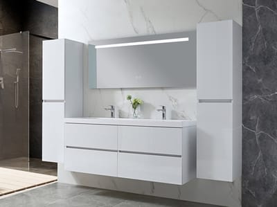 Badkamermeubelset Haviklux 145 cm - Hoogglans wit - Dubbele wasbak - 2 zijkasten - Incl. kranen
