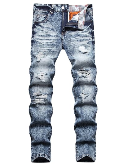 Jeans Déchirés et Usés en Mélange de Coton pour Homme, Bas Slim Fit Style Street Chic pour Homme, Toutes Saisons 28 bleu