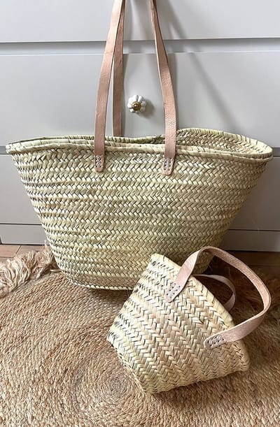 Strandtas - Shopper tas - Groot - Boodschappentas - Riet - Schoudertas - Opberger - Lederen handvat - Palmbladeren - Lang handvat - Decoratie - Franse tas
