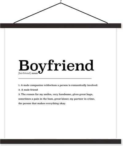 Posterhanger incl. Poster 60x60 cm - Schoolplaat - Woordenboek - Boyfriend - Vriend definitie - Spreuken - Quotes - Textielposter - Zwarte latten