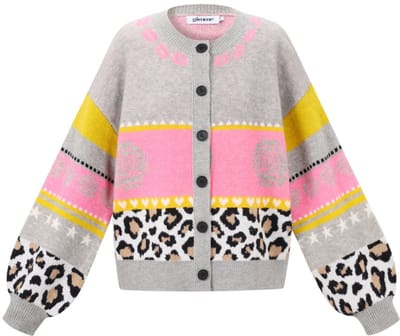 Dames gebreide cardigan met bloemenprint en tijgerprint - Zachte polyester trui - Roze/Grijs - Maat S/M