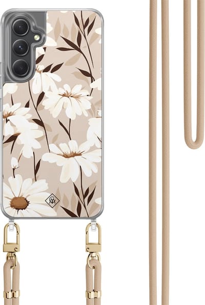 Casimoda® hoesje met koord - Geschikt voor Samsung A34 - In Bloom - Afneembaar koord - TPU/polycarbonaat - Bruin/beige