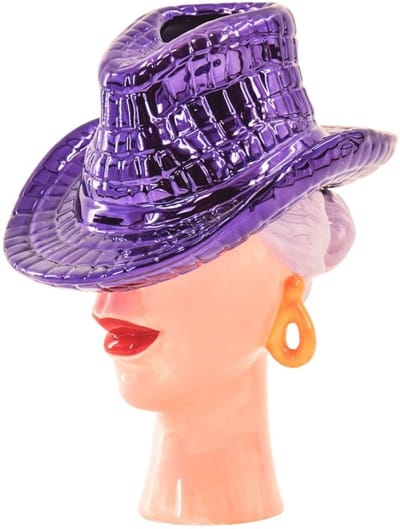 Housevitamin Bloemenvaas – Cowboy Hoed Vaas – Lila & Metallic Roze – 19x16x23,5 cm – Keramieken Lady With The Hat – Design Vrouw Vaas