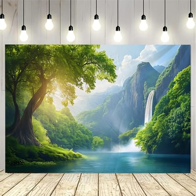Majestueuze Bergvallei met Waterval en Zonlicht Boom Wandkleed 2D Platte Print Natuur Kunst Landschap Decor Boho Stijl 70x100CM white