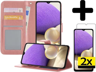 Hoesje - Met 2x Screenprotector - Geschikt voor Samsung Galaxy A32 5G - Luxe Pasjeshouder - Bookcase Portemonee - Flip Case - Kunstleer Book Case - Flipcase Hoes - Book Cover - Walletcase - Portemonneehoes - Telefoonhoesjes - Rosé goud