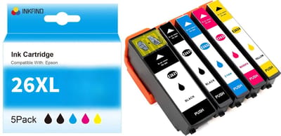 INKFIND 26XL inktcartridge 5 Pack (Zwart+Foto Zwart+Cyaan+Magenta+Geel) compatibel met Epson T2621/T2631/T2632/T2633/T2634 voor Epson Expression Premium XP 820 810 800 720 710 700 625 620 615 610 605 600 520 510 -5-pack