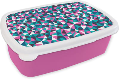Broodtrommel Roze - Lunchbox - Brooddoos - Geometrie - Roze - Blauw - Wit - Patronen - 18x12x6 cm - Kinderen - Meisje