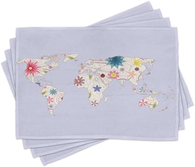 ABAKUHAUS Bloemenwereldkaart placematten, retro-stijl-kaart met pastelbloemen, atlasillustratie voor kinderen – meisjes; tafelversiering van kleurvaste stof voor eetkamer en keuken, crème-lila