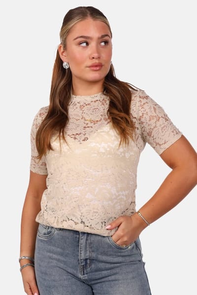 Getdrezzed Top - Maat: XS - Kanten top met bloemenstructuur korte mouw beige