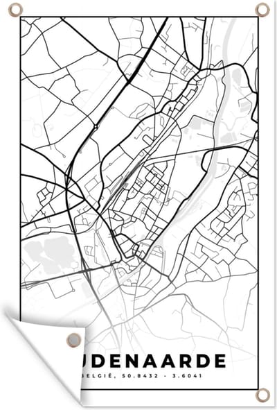 Muurdecoratie Zwart Wit – België – Plattegrond – Stadskaart – Kaart – Oudenaarde - 120x180 cm - Tuinposter - Tuindoek