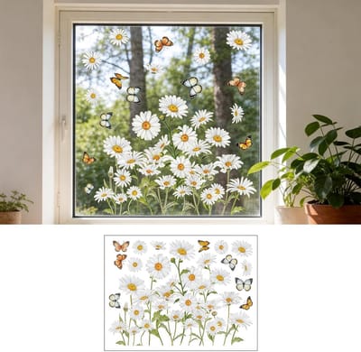 Kleurrijke raamstickers met madeliefjes en vlinders voor lente raamdecoratie en glazen deuren, anti-botsing en wilde bloemen ontwerpen