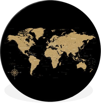 WallCircle - Wandcirkel - Muurcirkel - Wereldkaart - Beige - Zwart - Aluminium - Dibond - 30x30 cm - Binnen en Buiten