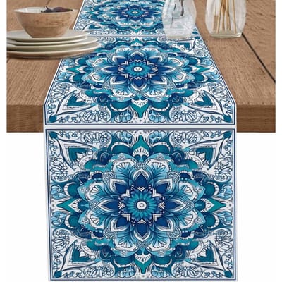 Chemin de table Bleu sarcelle Bohème Floral Foulard de commode Décor de table Fleurs ethniques tribales abstraites Chemins de table pour la décoration de fête de vacances 150x33cm blue
