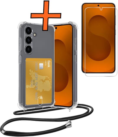 Hoesje Geschikt voor Samsung S25 FE Hoesje Met Telefoonketting Pasjeshouder Shockproof Case Met Screenprotector Koord - Hoesje Geschikt voor Samsung Galaxy S25 FE Hoes Met Kaarthouder - Transparant