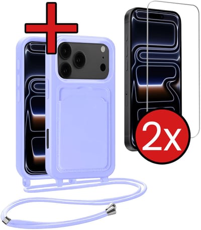 Hoesje Geschikt voor iPhone 17 Pro / 18 Pro Hoesje Met Telefoonkoord en Pasjeshouder Met 2x Screenprotector Siliconen - Hoes Geschikt voor iPhone 17 Pro / 18 Pro Hoesje Met Kaarthouder Case - Lila