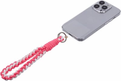 Peachy Telefoonkoord Robuust Touw Gevlochten Polsbandje met Bevestigingsplaatje voor Smartphone Telefoon - Roze Wit