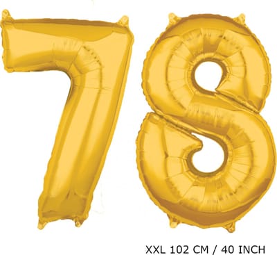 Mega grote XXL gouden folie ballon cijfer 78 jaar. Leeftijd verjaardag 78 jaar. 102 cm 40 inch. Met rietje om ballonnen mee op te blazen.