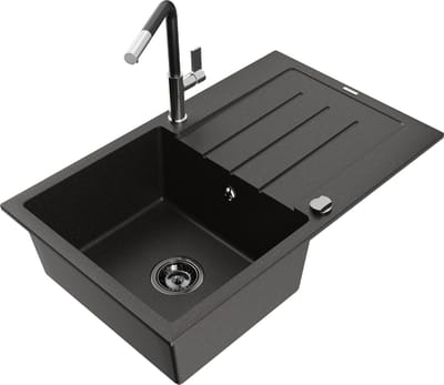 Mexen Bruno granieten spoelbak met 1 bak en afdruiprek met Flora keukenkraan, zwart/goud metallic - 6513-75-670401-07-B