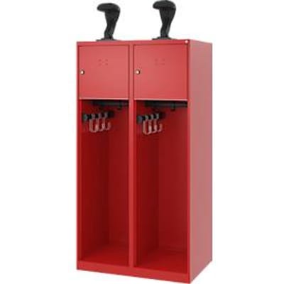 Brandweerkluis C+P Evolo Youngster, 2 vakken, met helmhouder, vloerglijders, B 800 x D 500 x H 1530 mm, RAL 3000 vuurrood