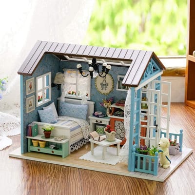 Miniatuur Poppenhuis - Houten Hut - Huis Bouwen - Met Ledverlichting - 25 x 19 x 6 cm - Multicolor