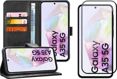 Hoesje geschikt voor Samsung Galaxy A35 - Screenprotector Volledig Dekkend Glas - Portemonnee Book Case Zwart