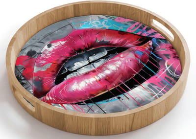 Dienblad rond 40x40 cm - Schootdienblad hout - Lippen - Felroze - Graffiti - Verfstrepen - Borrelplank rechthoek - Plateau houten dienbladen